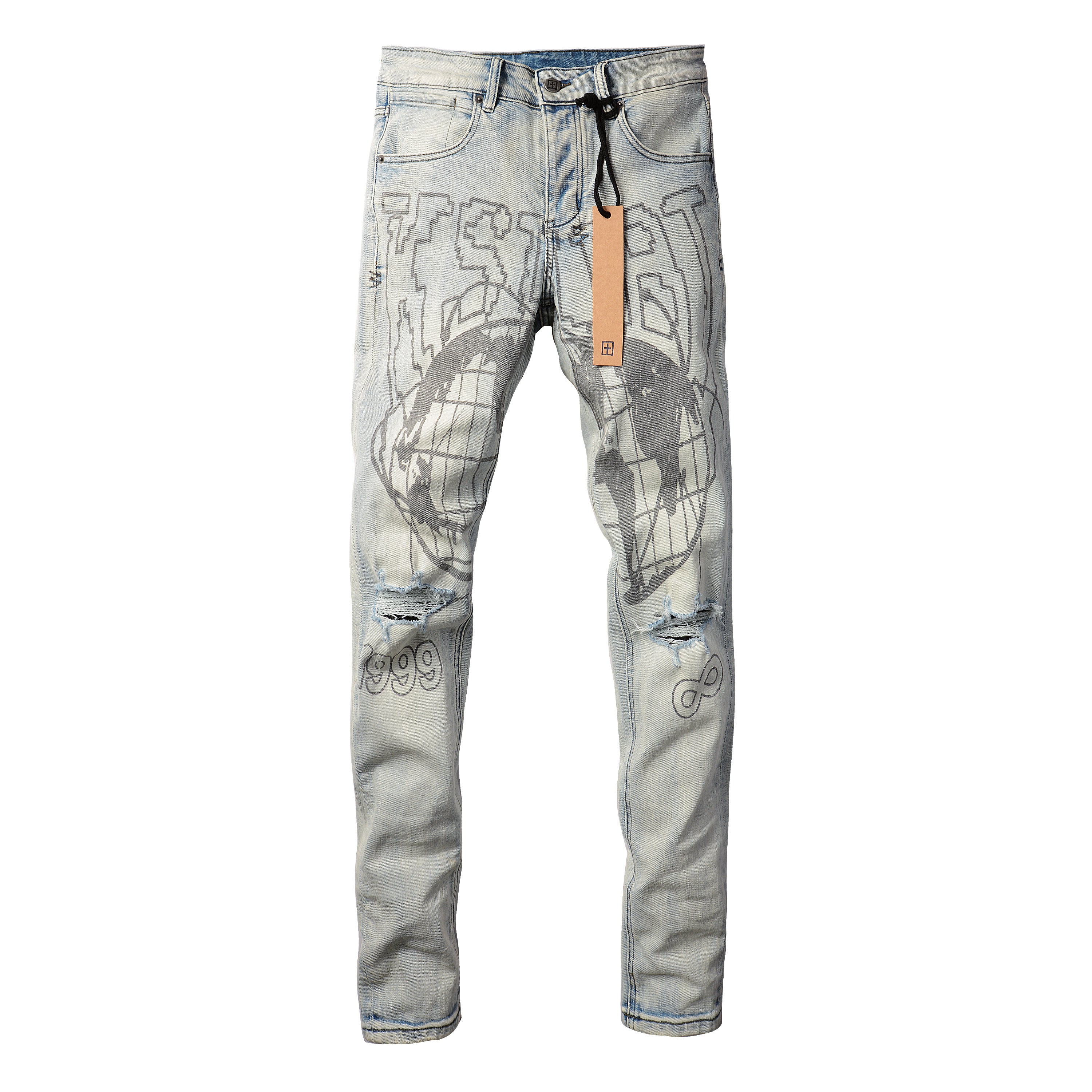 Men's Light Wash Graphic Print Distressed Skinny Jeans - Stretch Denim