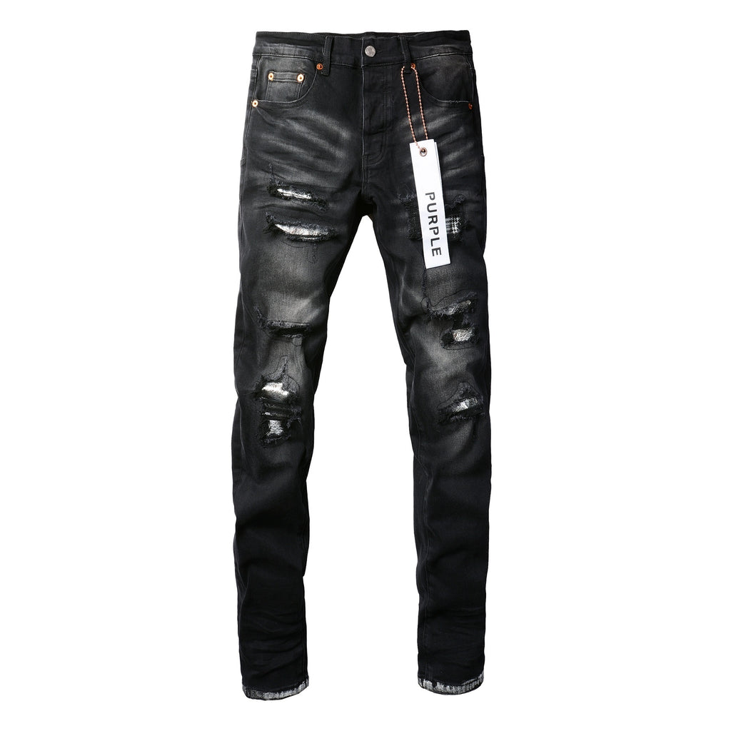 Men High Street Black Destroyed Holes Distressed Stretch Slim Fit Ripped Jeans