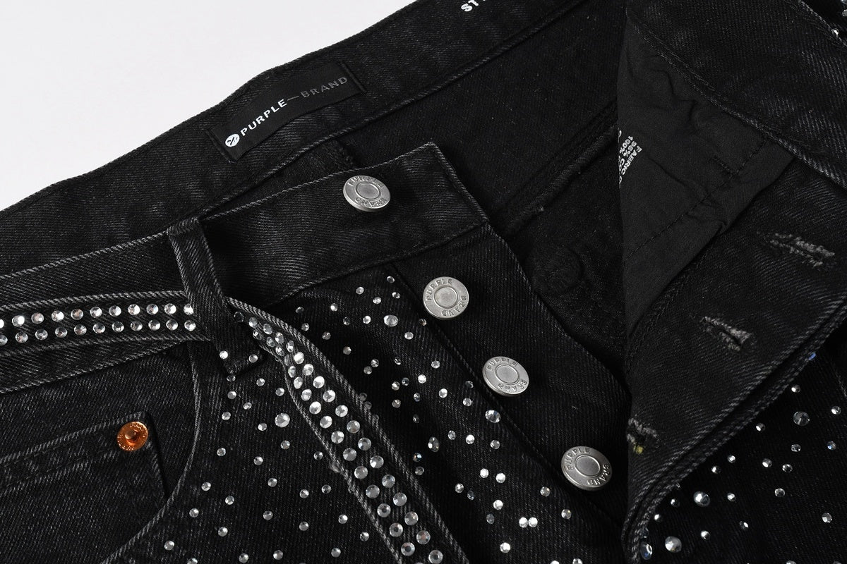 Black Baggy Jeans with Rhinestones & Loose Fit - Purple Brand
