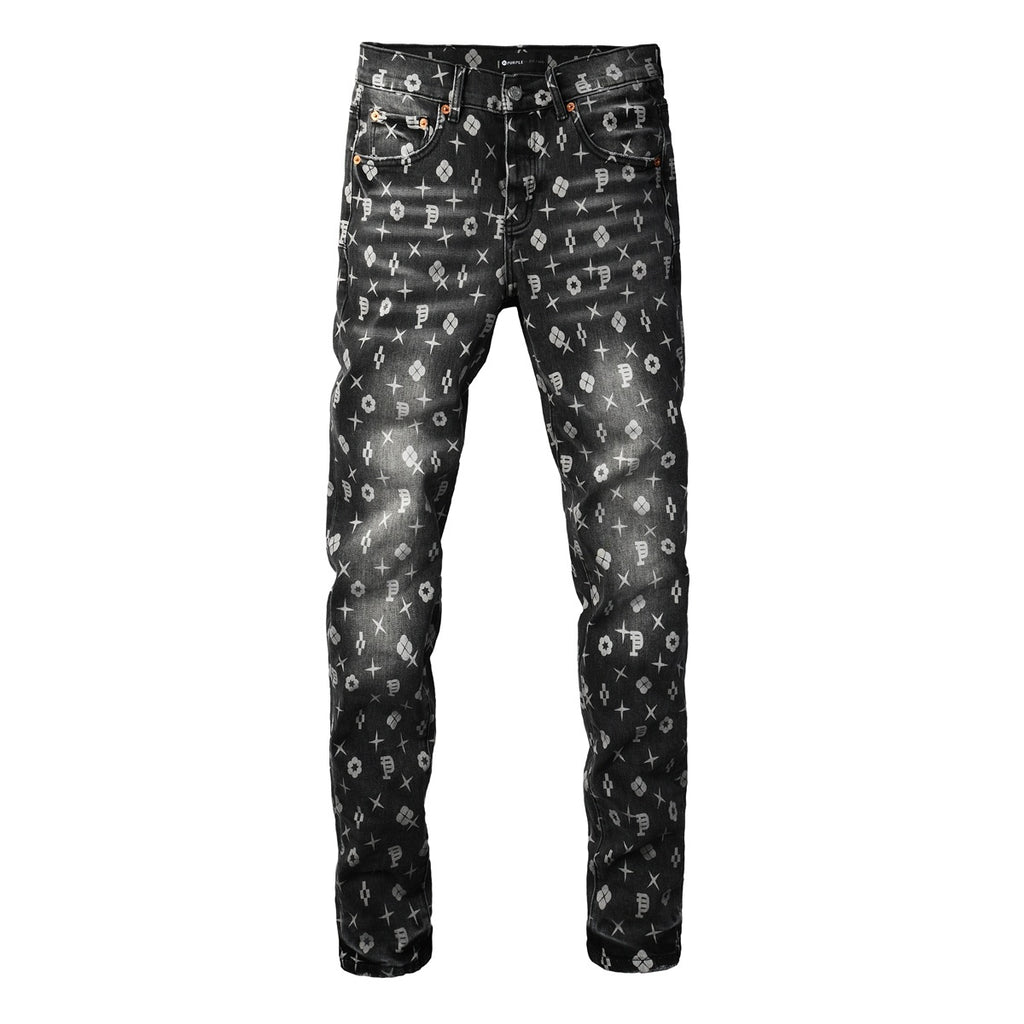 Distressed Skinny Jeans with Laser Print Patterns & Ripped Holes & Button Fly