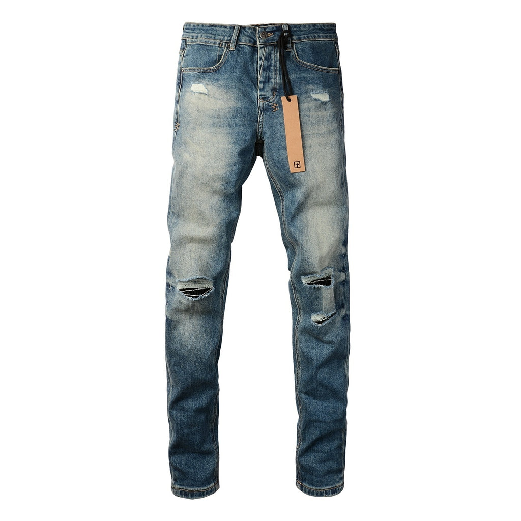 Men's Vintage Blue Multi-Rip Distressed Skinny Jeans - Stretch Denim