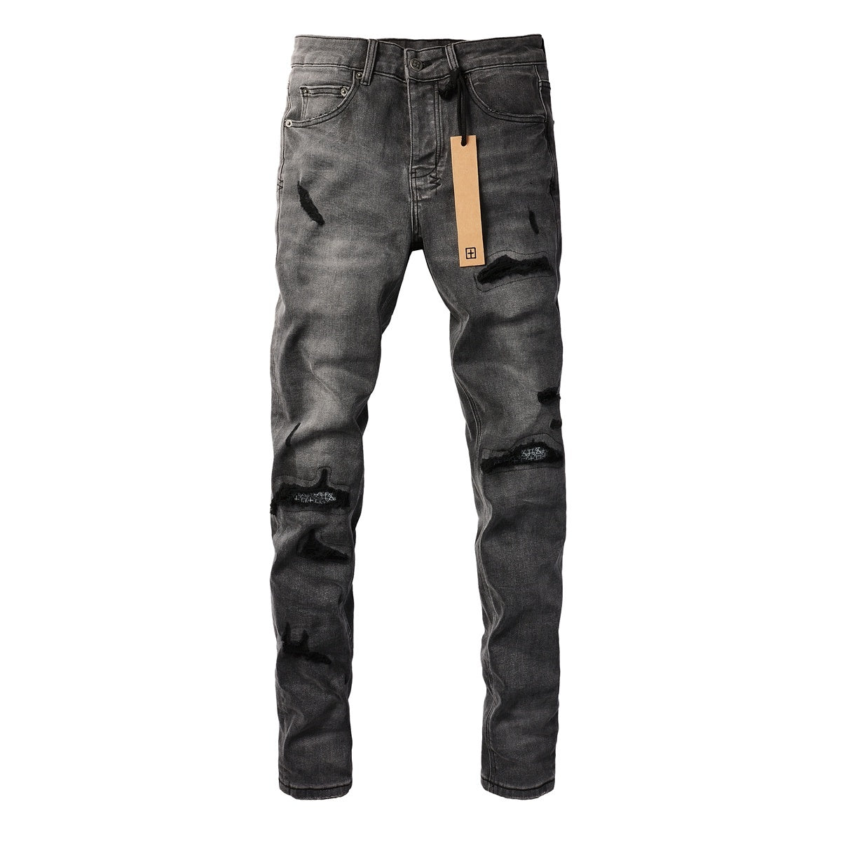 Men's Grey Wash Bandana Patch Distressed Skinny Jeans - Stretch Denim