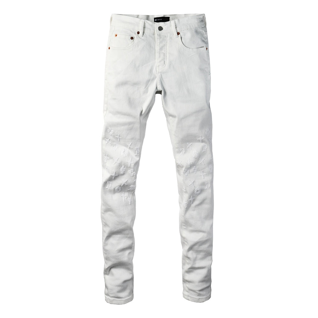 Men's Distressed White Skinny Jeans with Embroidered Patterns & Ripped Holes & Button Fly