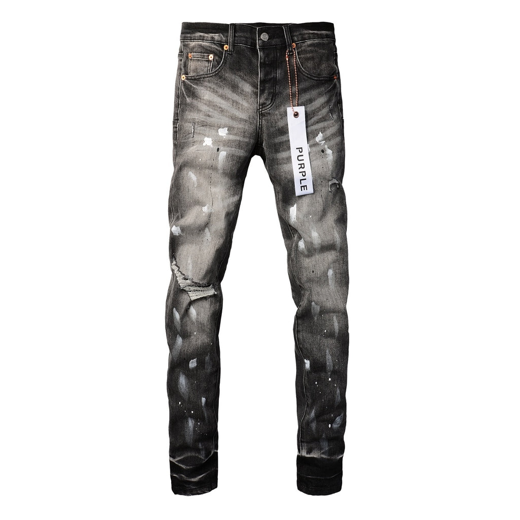Men's High Street Distressed Gray Damaged Holes Spray Painted Stretch Slim Fit Ripped Jeans