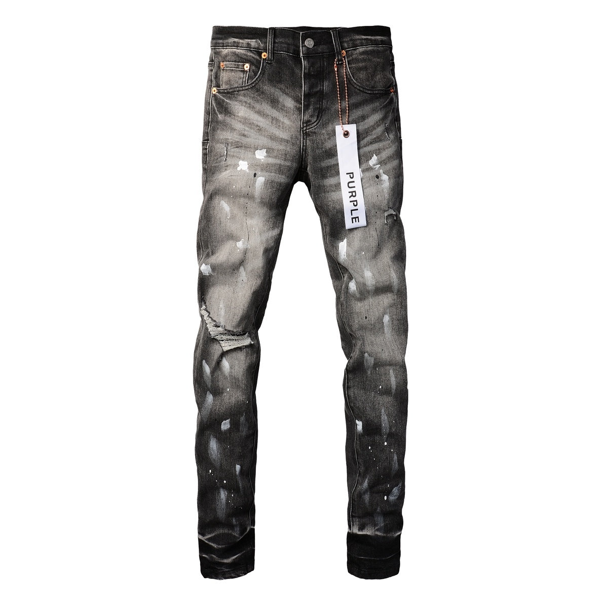 Men's High Street Distressed Gray Damaged Holes Spray Painted Stretch Slim Fit Ripped Jeans