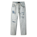 Men's Wide Leg Distressed Blue Jeans with Bandanna Patchwork, Ripped Holes & Button Fly
