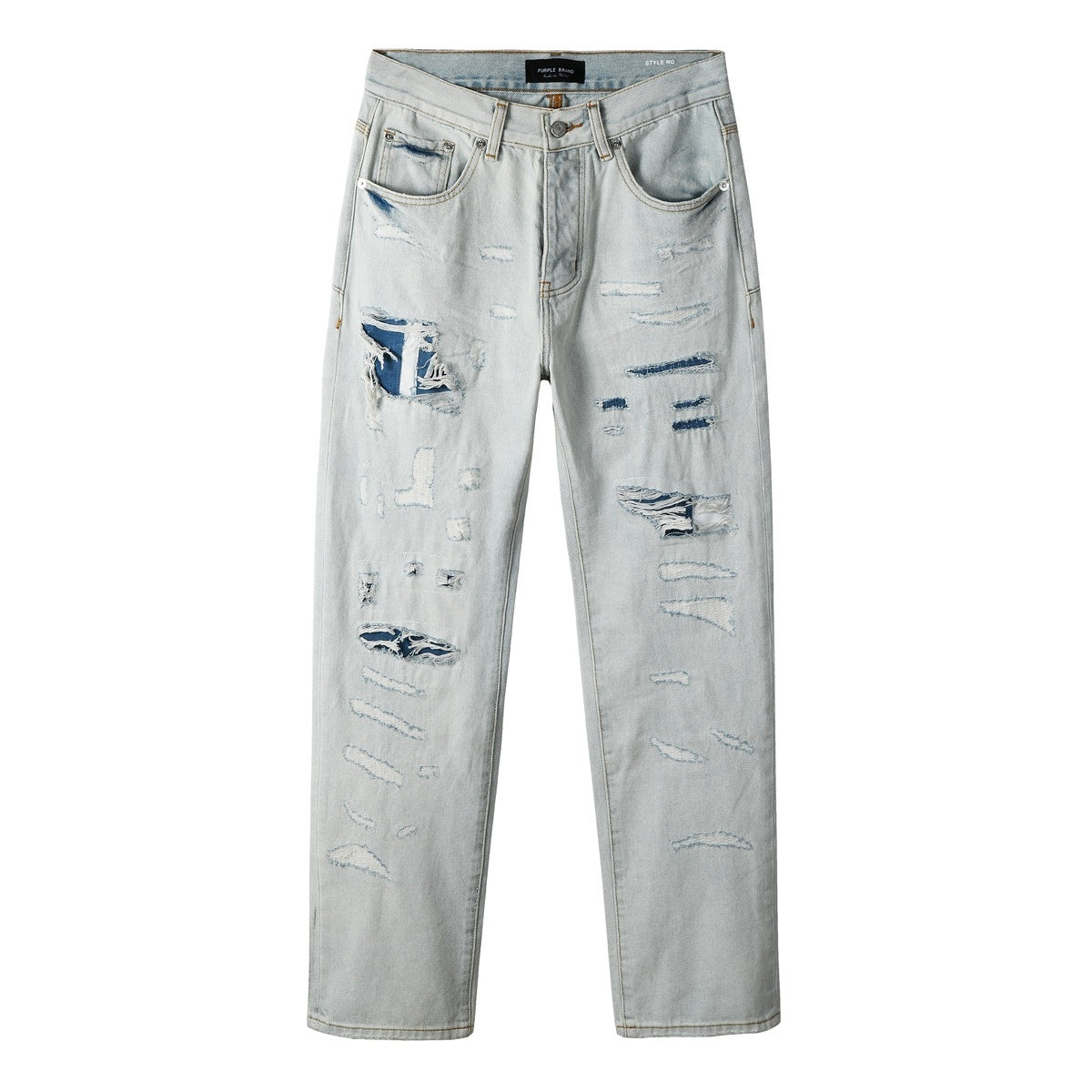 Men's Wide Leg Distressed Blue Jeans with Bandanna Patchwork, Ripped Holes & Button Fly