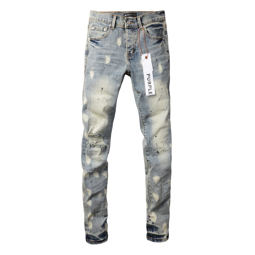 Men's Distressed Light Blue Graffiti Skinny Jeans with Ripped Holes & Button Fly