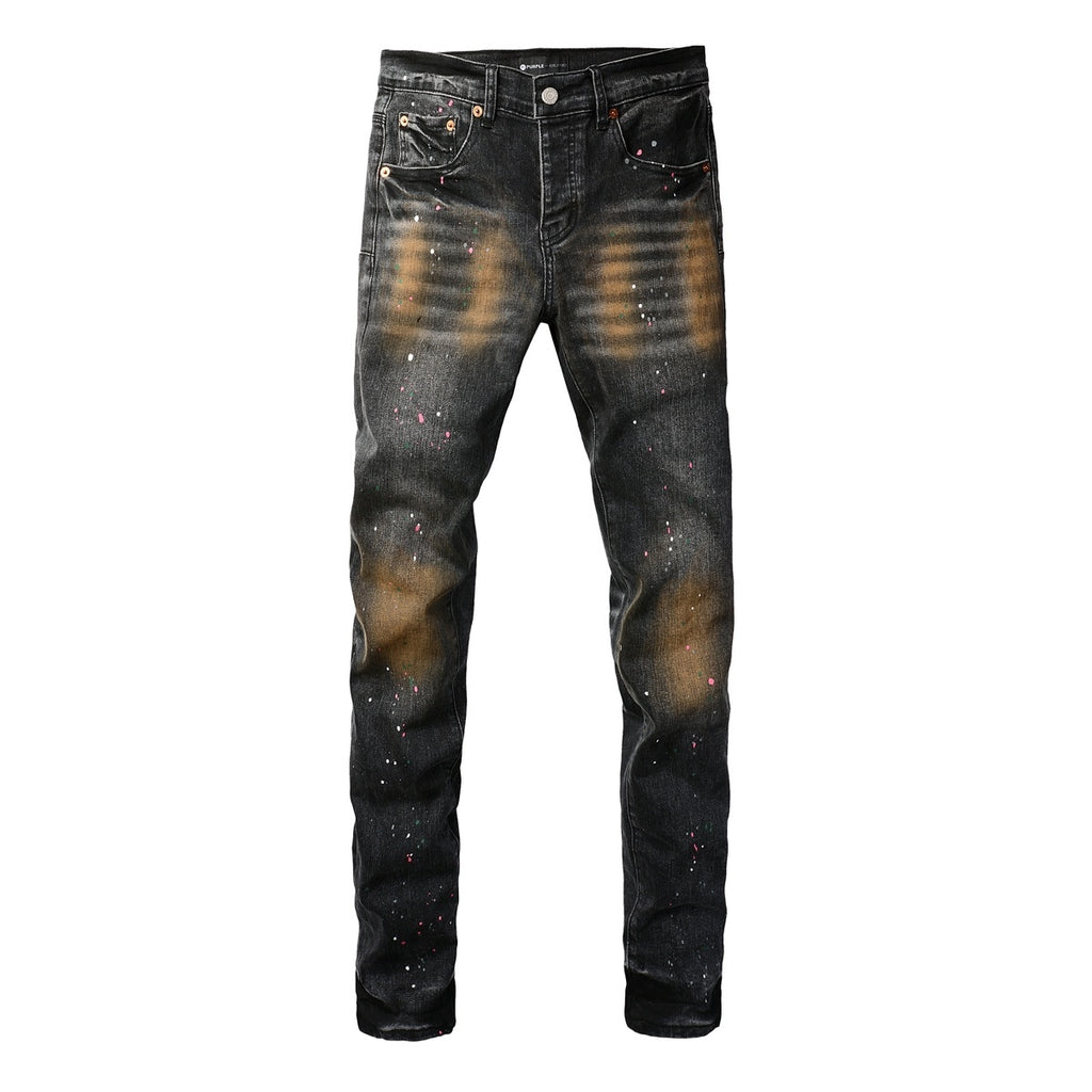 American Vintage Men's Distressed Dark Gray Skinny Jeans with Spray Paint & Ripped Holes