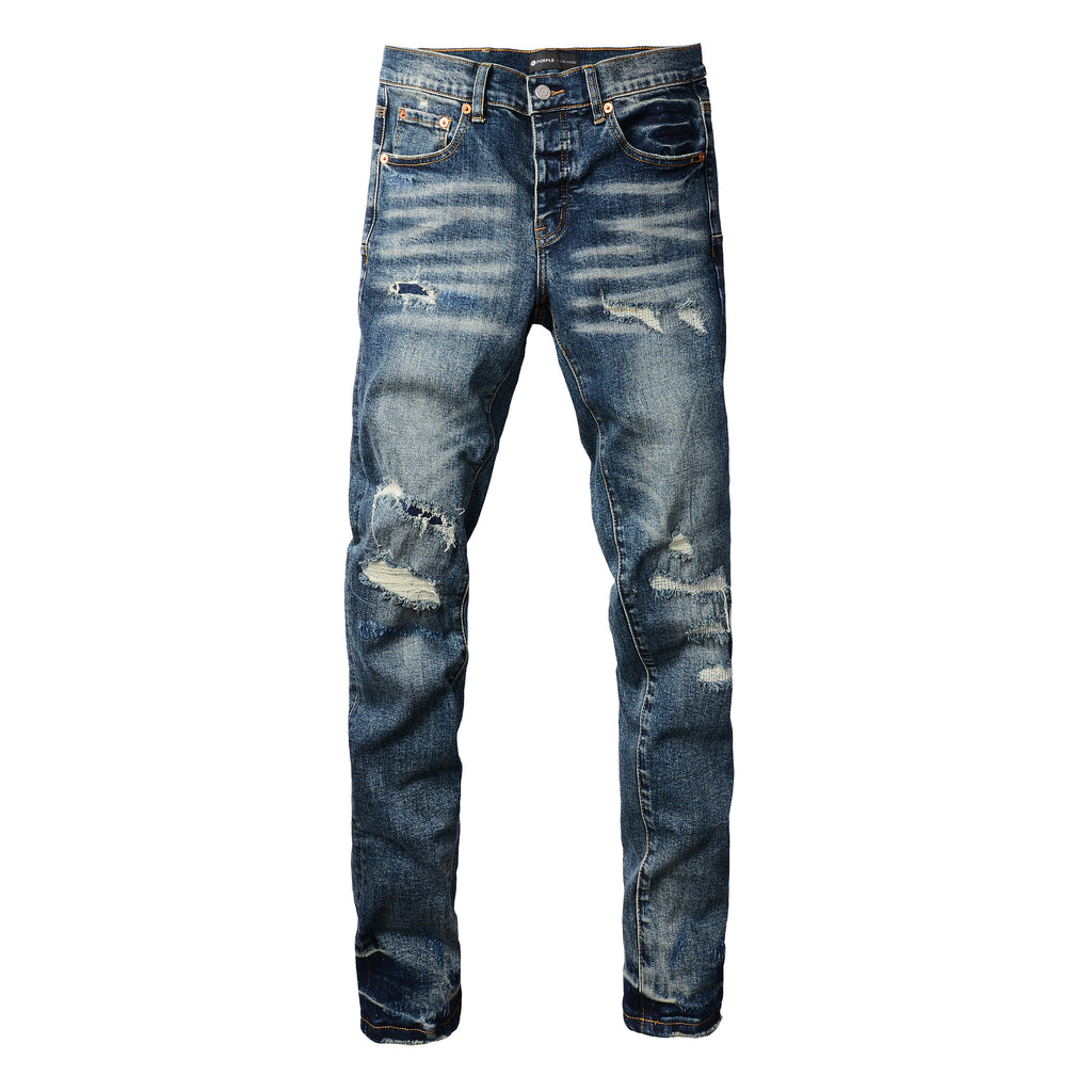Men's Distressed Dark Blue Skinny Jeans with Ripped Holes & Button Fly
