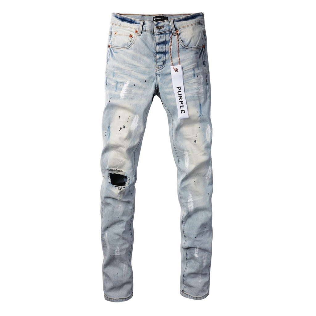 Men's High Street Washed Light Blue Distressed Damaged Holes Ripped Jeans
