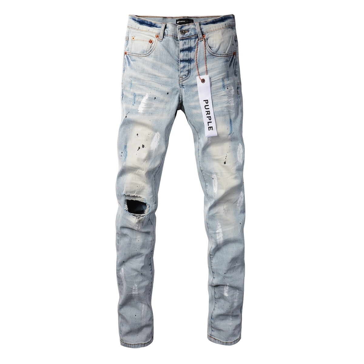 Men's High Street Washed Light Blue Distressed Damaged Holes Ripped Jeans