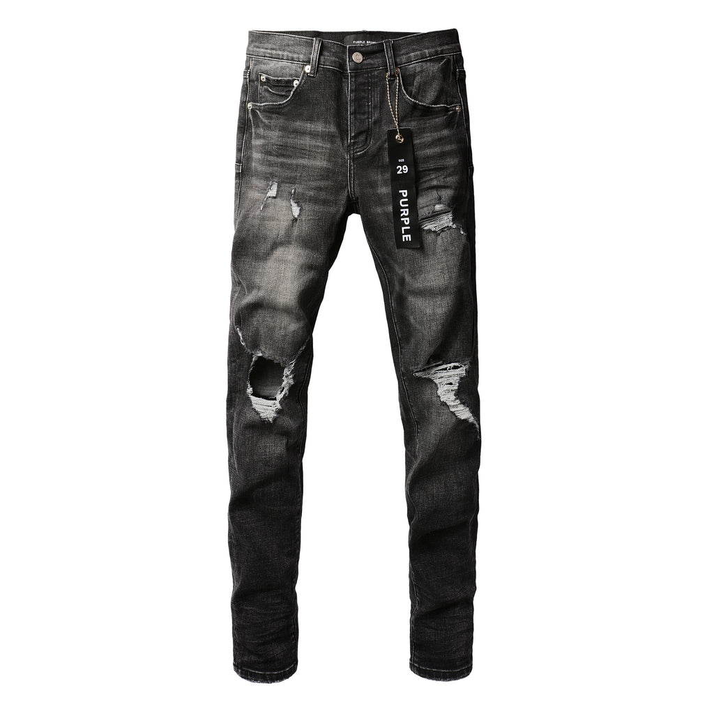 Men's Distressed Black Gray Skinny Jeans with Ripped Holes & Button Fly