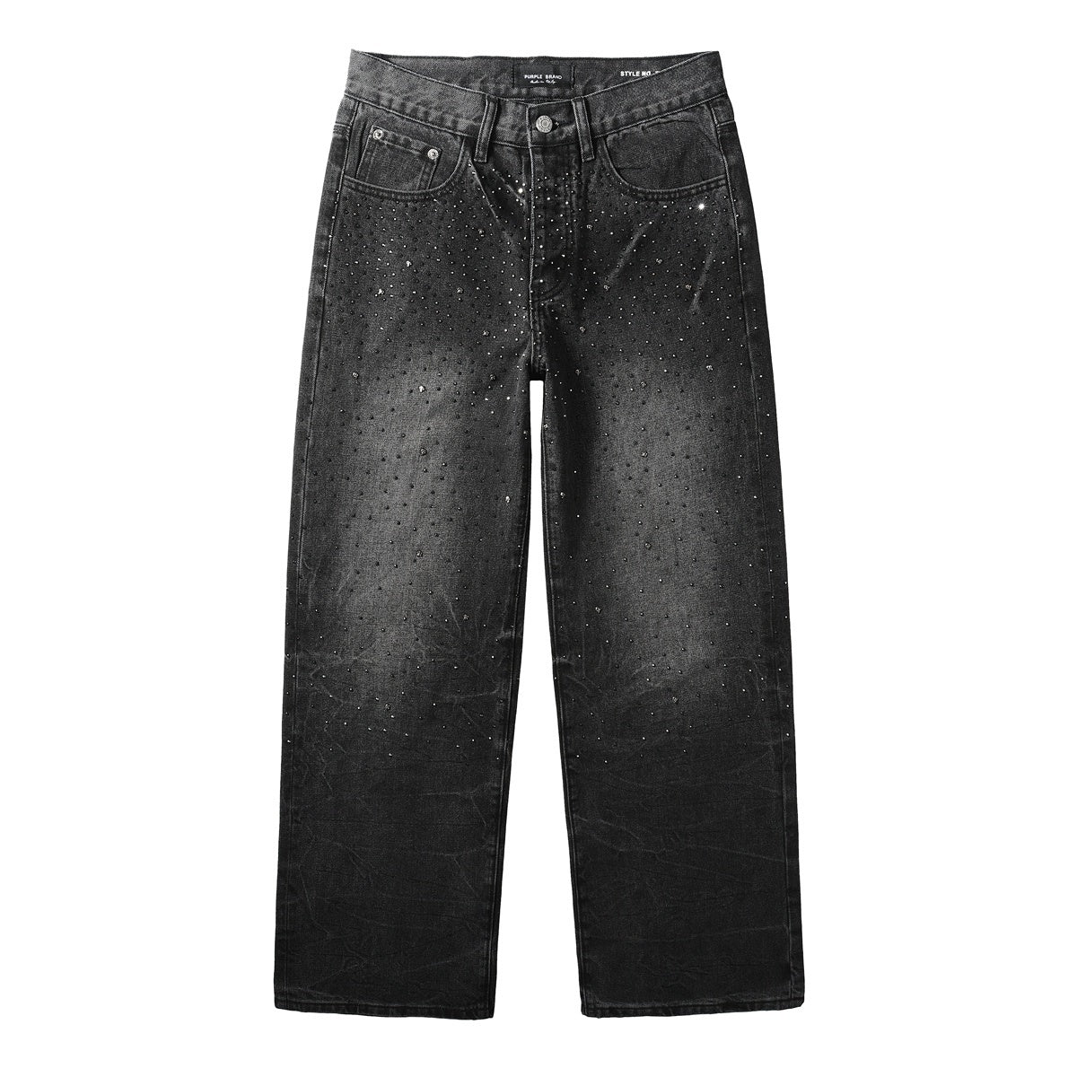 Men's High Street Fashion Black Distressed Baggy Jeans with Rhinestone Detailing & Loose Fit