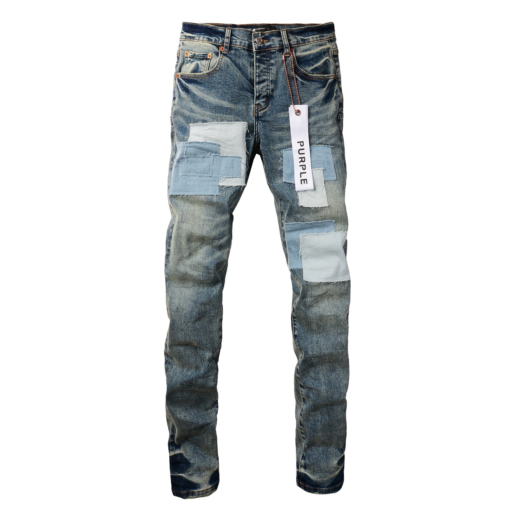 Men's Distressed Light Blue Patchwork Stretch Slim Fit Ripped Denim Jeans