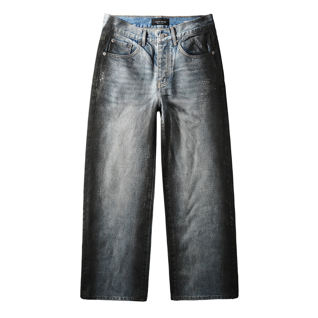 Men's Blue Coated Baggy Jeans with Wide Leg, Loose Fit & Stretch Denim