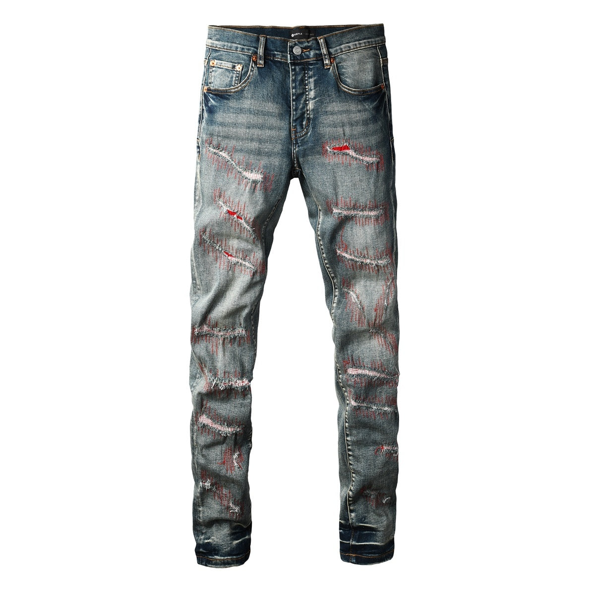 Men's Distressed Blue Skinny Jeans with Devil Suture Design & Ripped Holes & Button Fly