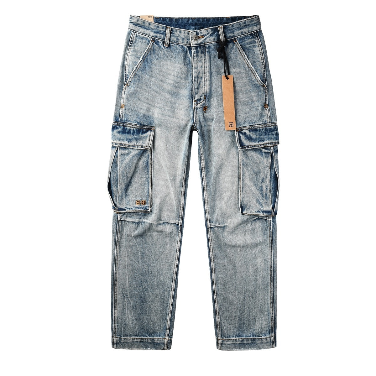 Men’s Light Wash Cargo Jeans - Baggy Utility Denim Pants