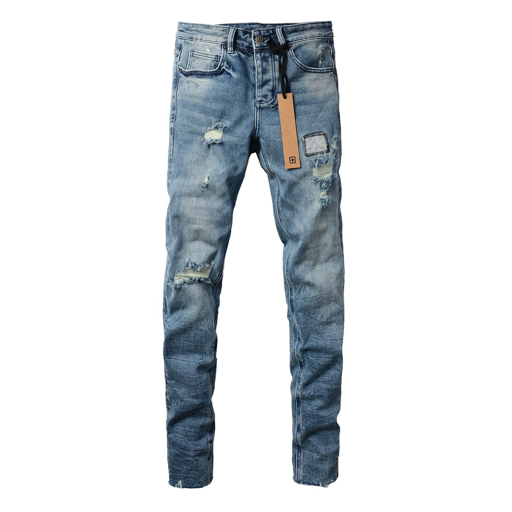 Men's Light Wash Multi-Patch Distressed Skinny Jeans - Stretch Denim