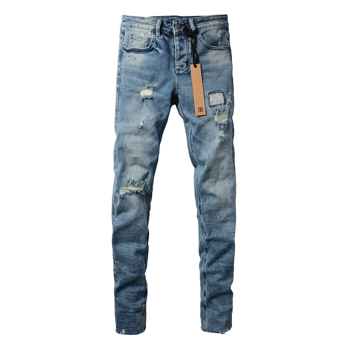Men's Light Wash Multi-Patch Distressed Skinny Jeans - Stretch Denim