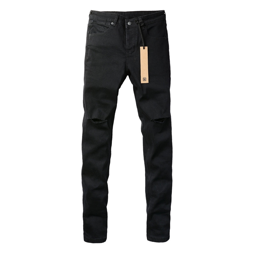 Men's Black Knee Slit Distressed Skinny Jeans - Stretch Denim
