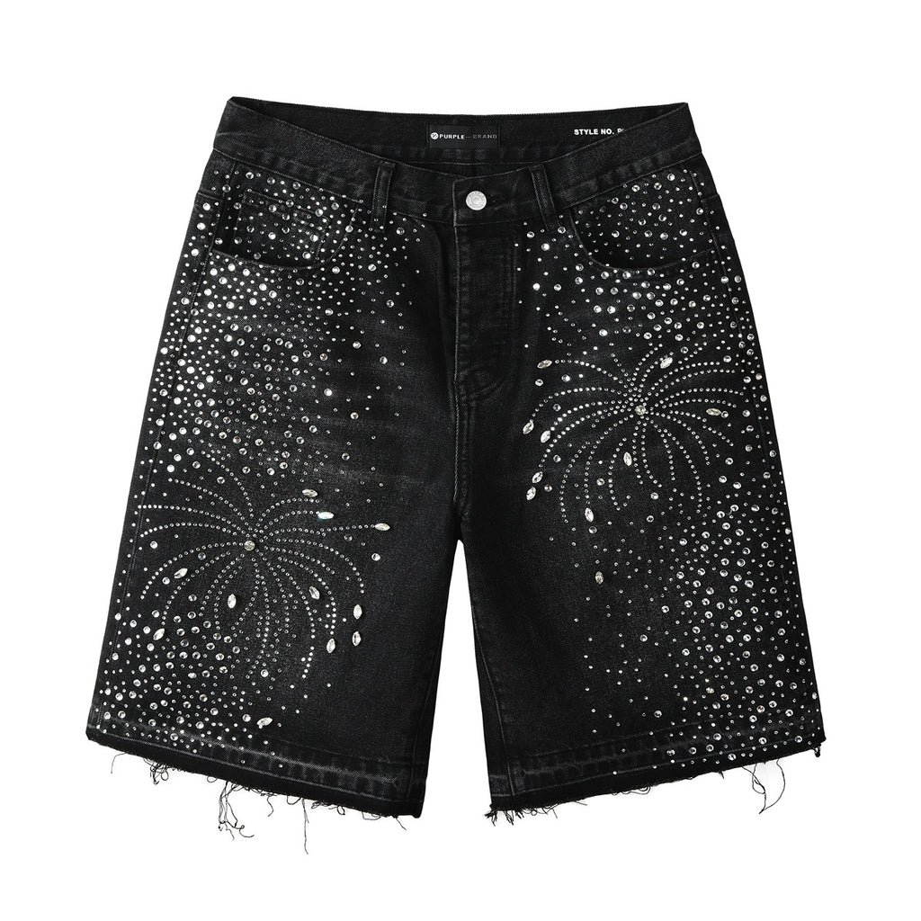 Men's Distressed Black Denim Shorts with Rhinestones, Ripped Holes & Raw Hem