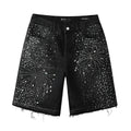 Men's Distressed Black Denim Shorts with Rhinestones, Ripped Holes & Raw Hem