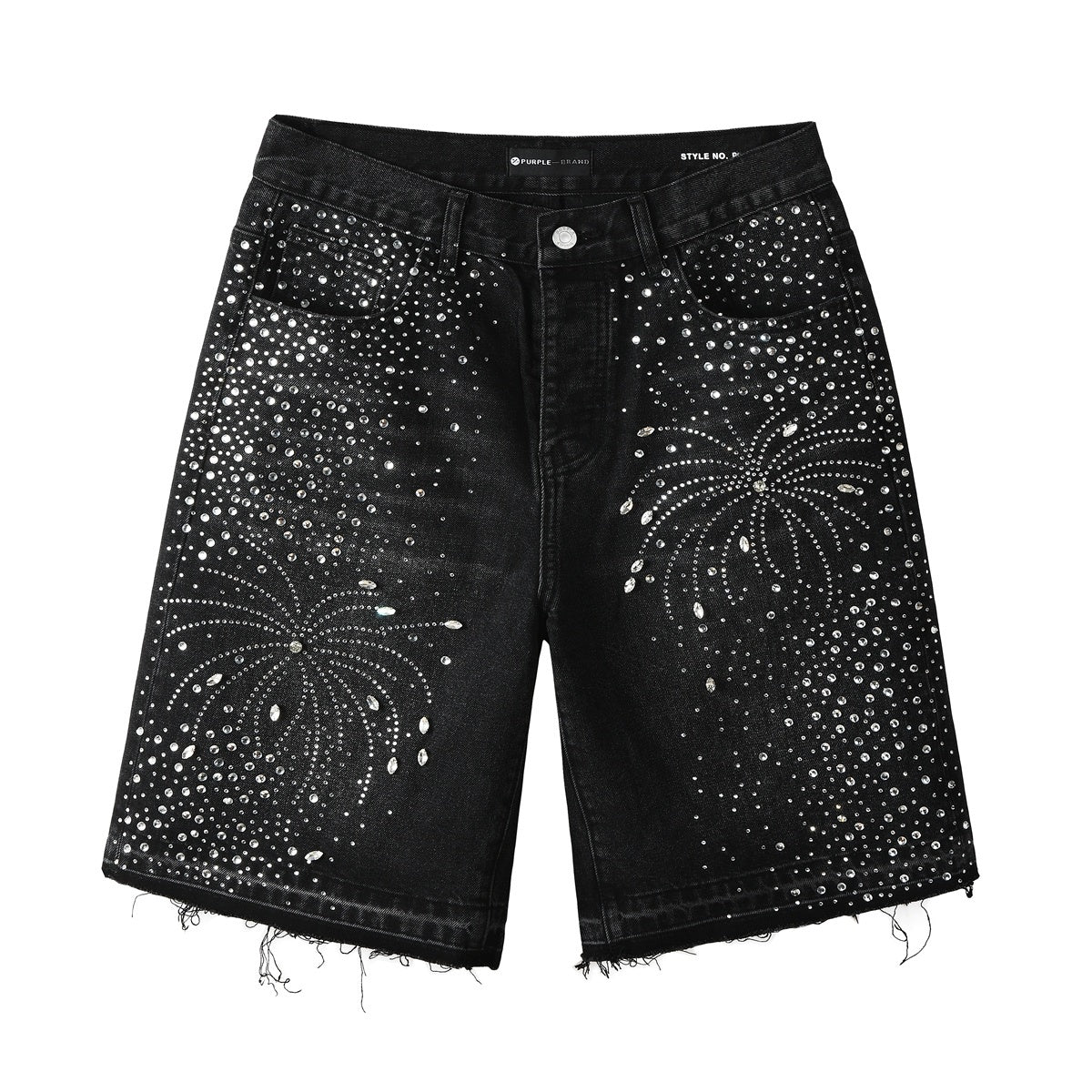 Men's Distressed Black Denim Shorts with Rhinestones, Ripped Holes & Raw Hem