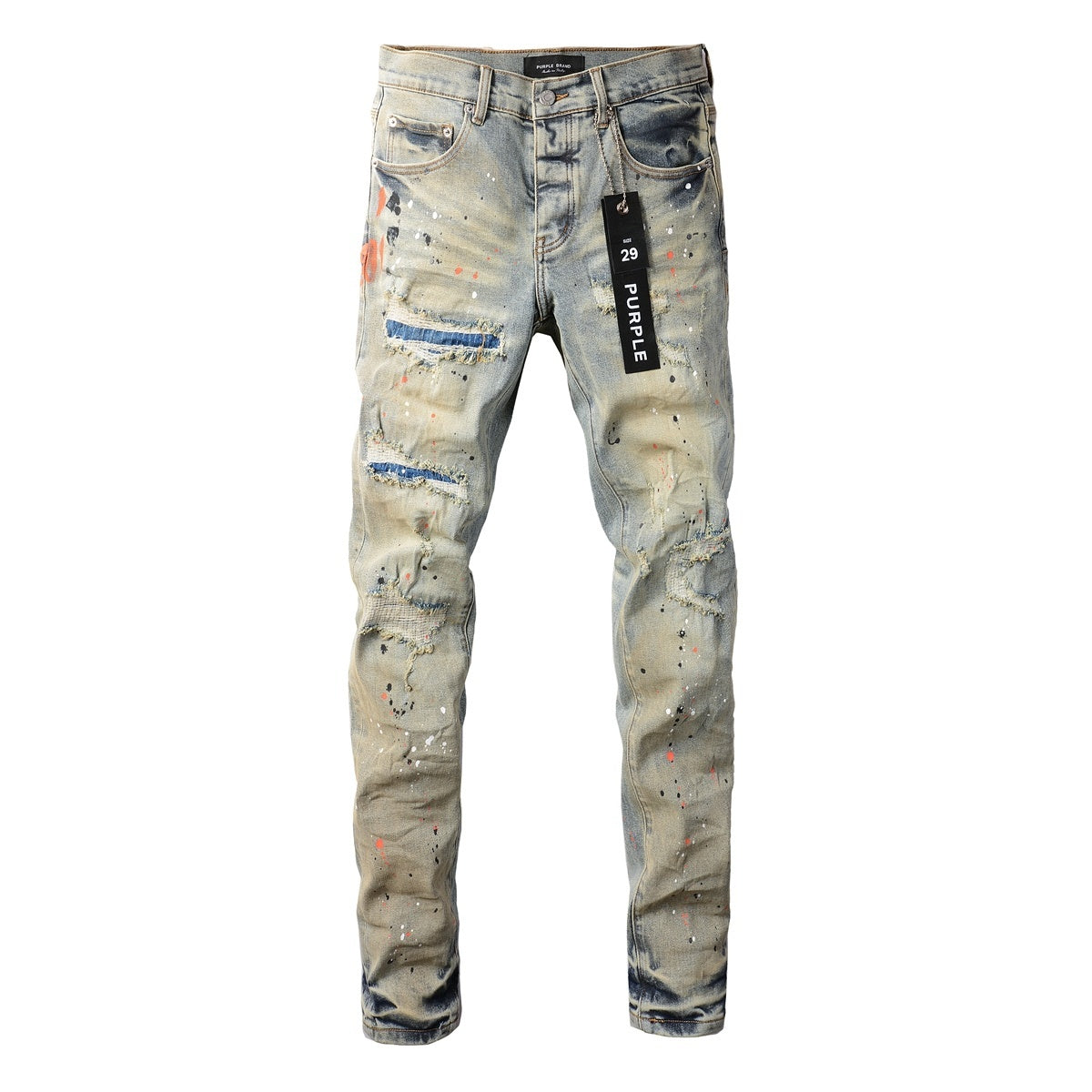 Men's Slim Fit Distressed Washed Light Blue Graffiti Jeans with Ripped Holes & Button Fly