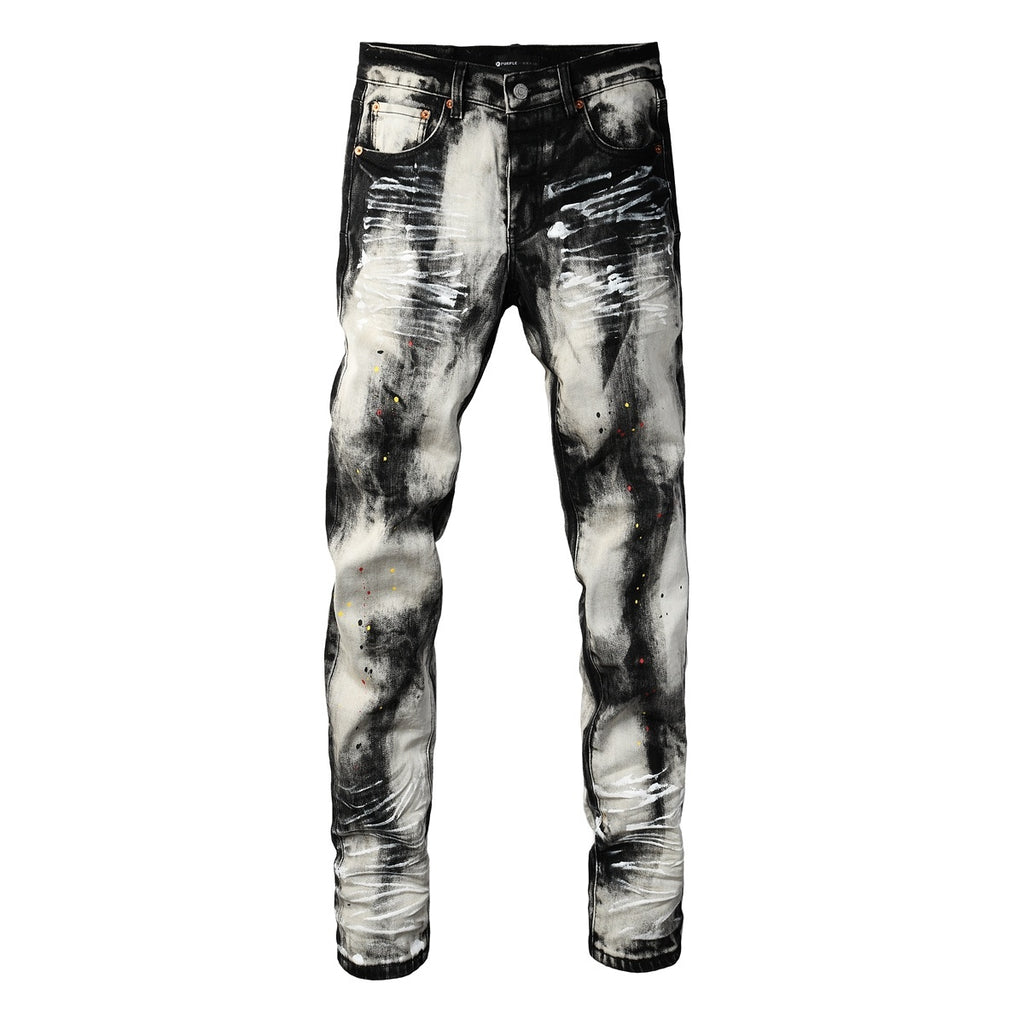 Men's Tie-Dye Graffiti Skinny Jeans with Ripped Holes & Button Fly