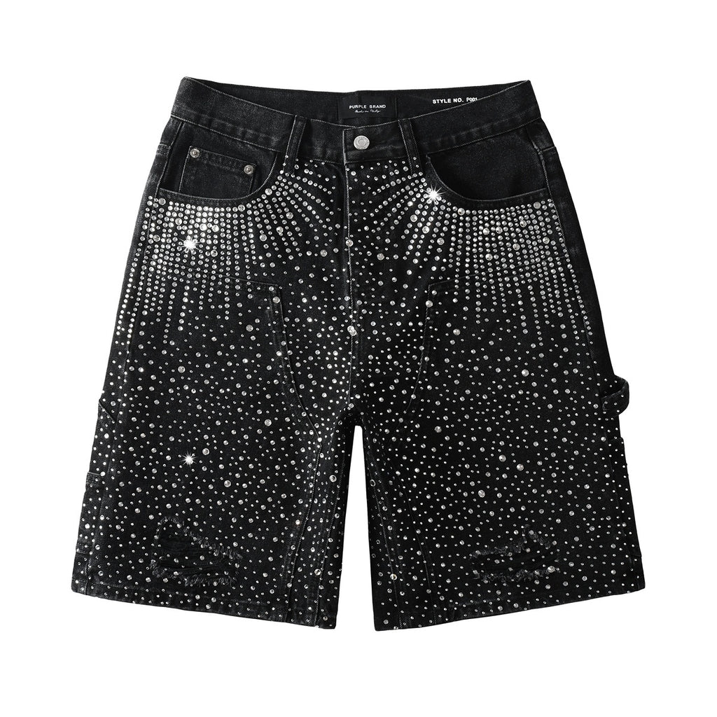 Men's Distressed Black Denim Shorts with Rhinestones, Ripped Holes & Loose Fit
