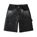 Men's Distressed Black Denim Shorts with Rhinestones, Ripped Holes & Loose Fit