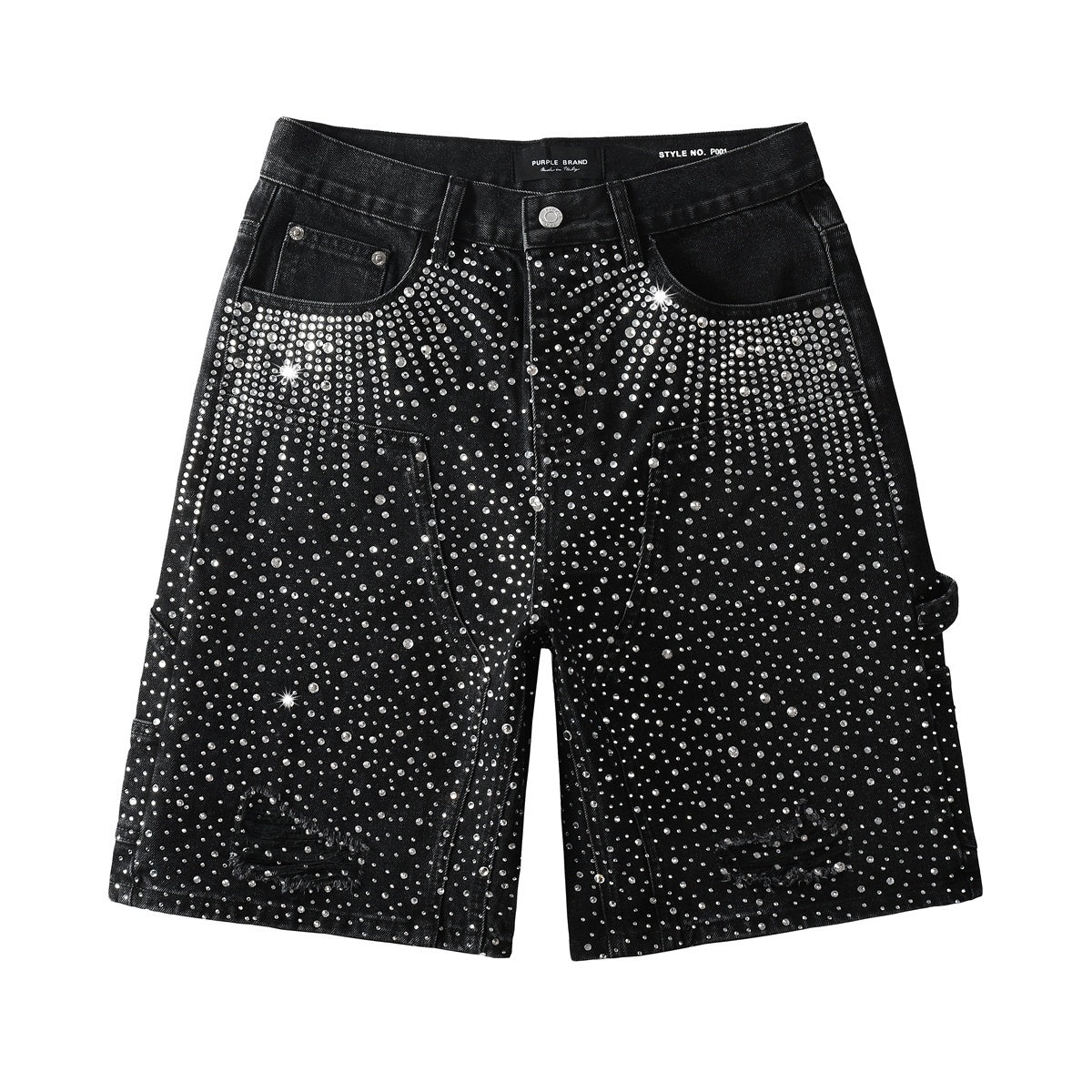 Men's Distressed Black Denim Shorts with Rhinestones, Ripped Holes & Loose Fit