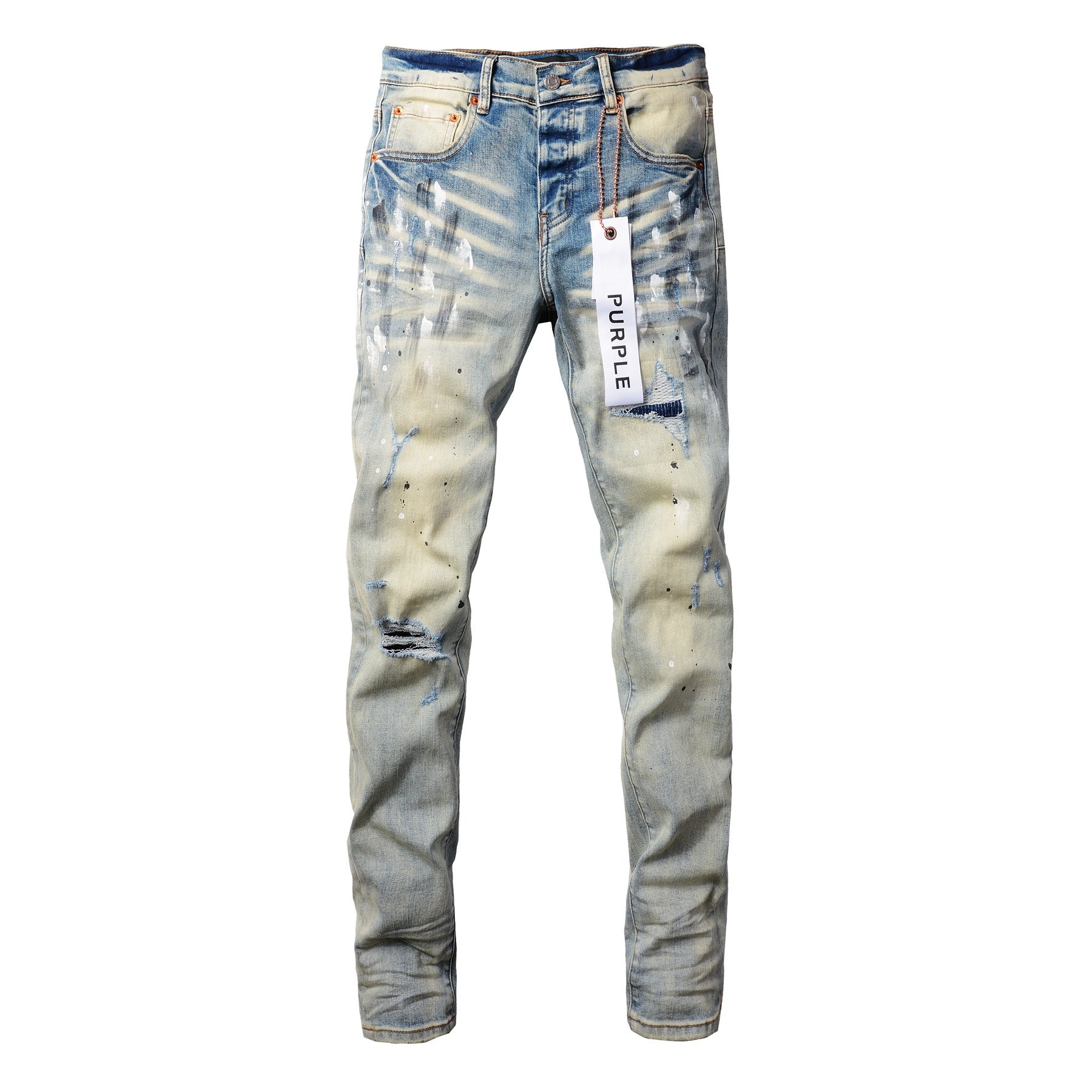 Men's High Street Distressed Blue Destroyed Hole Slim Fit Spray Paint Ripped Jeans