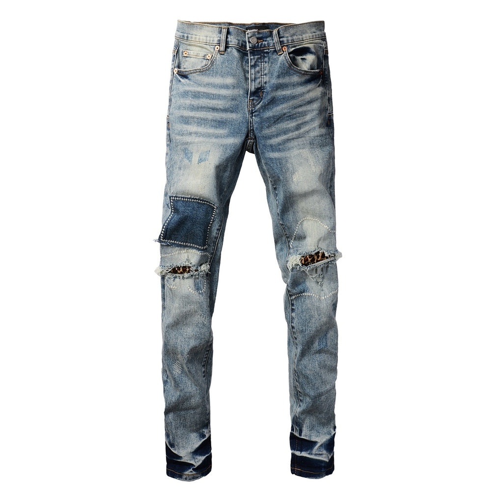 Men's Distressed Light Blue Slim Fit Patchwork Skinny Jeans with Ripped Holes & Button Fly