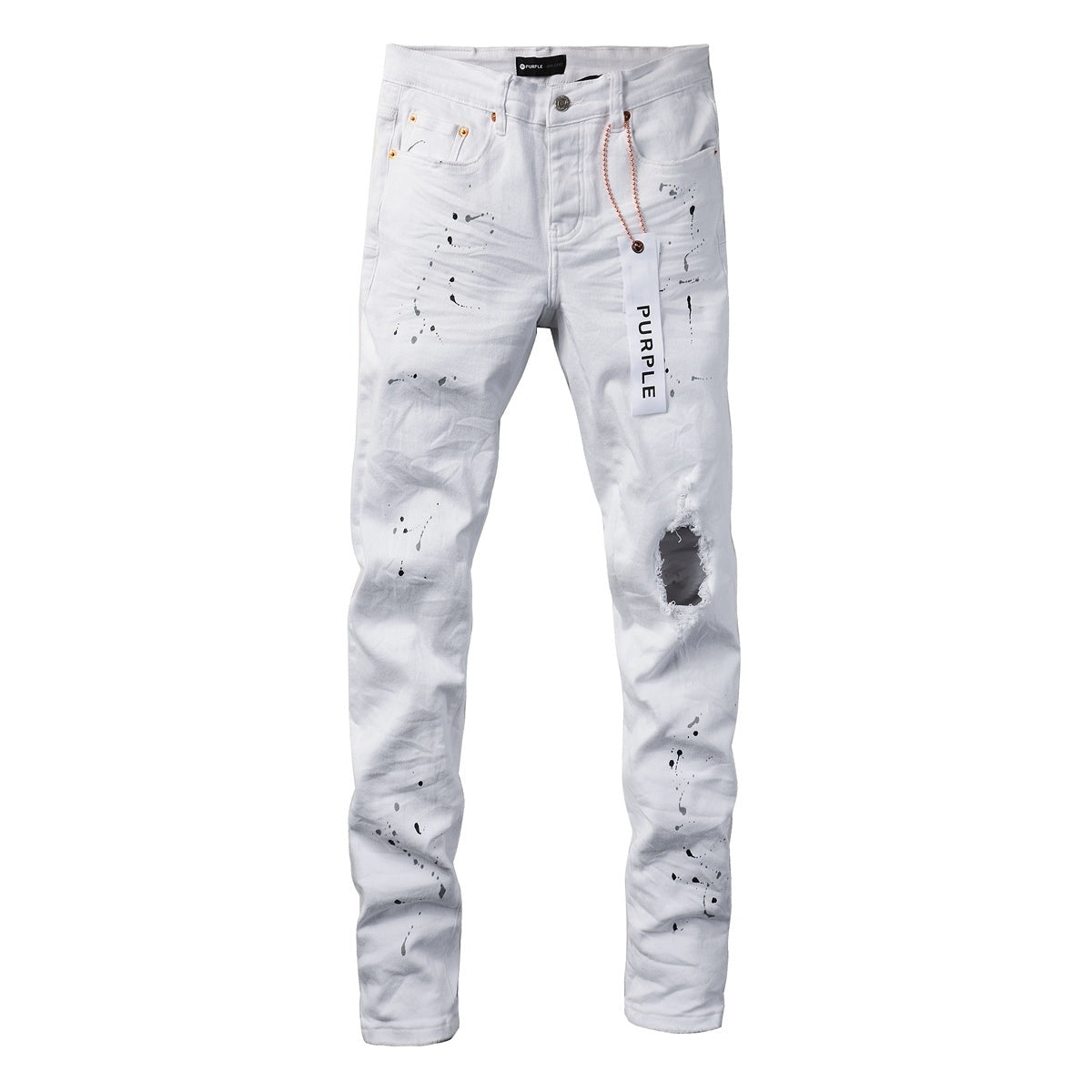 Men's White Distressed Damaged Holes High Stretch Slim Fit Spray Paint Ripped Jeans
