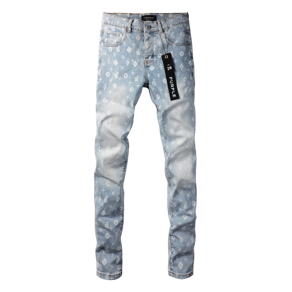 Men's Distressed Light Blue Skinny Jeans with Laser Print Patterns & Button Fly