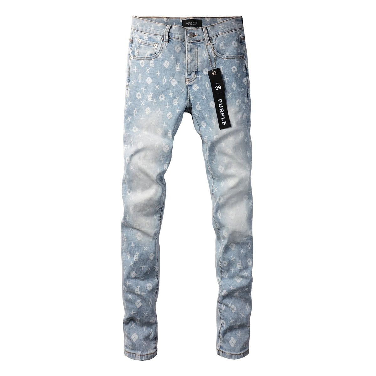 Men's Distressed Light Blue Skinny Jeans with Laser Print Patterns & Button Fly