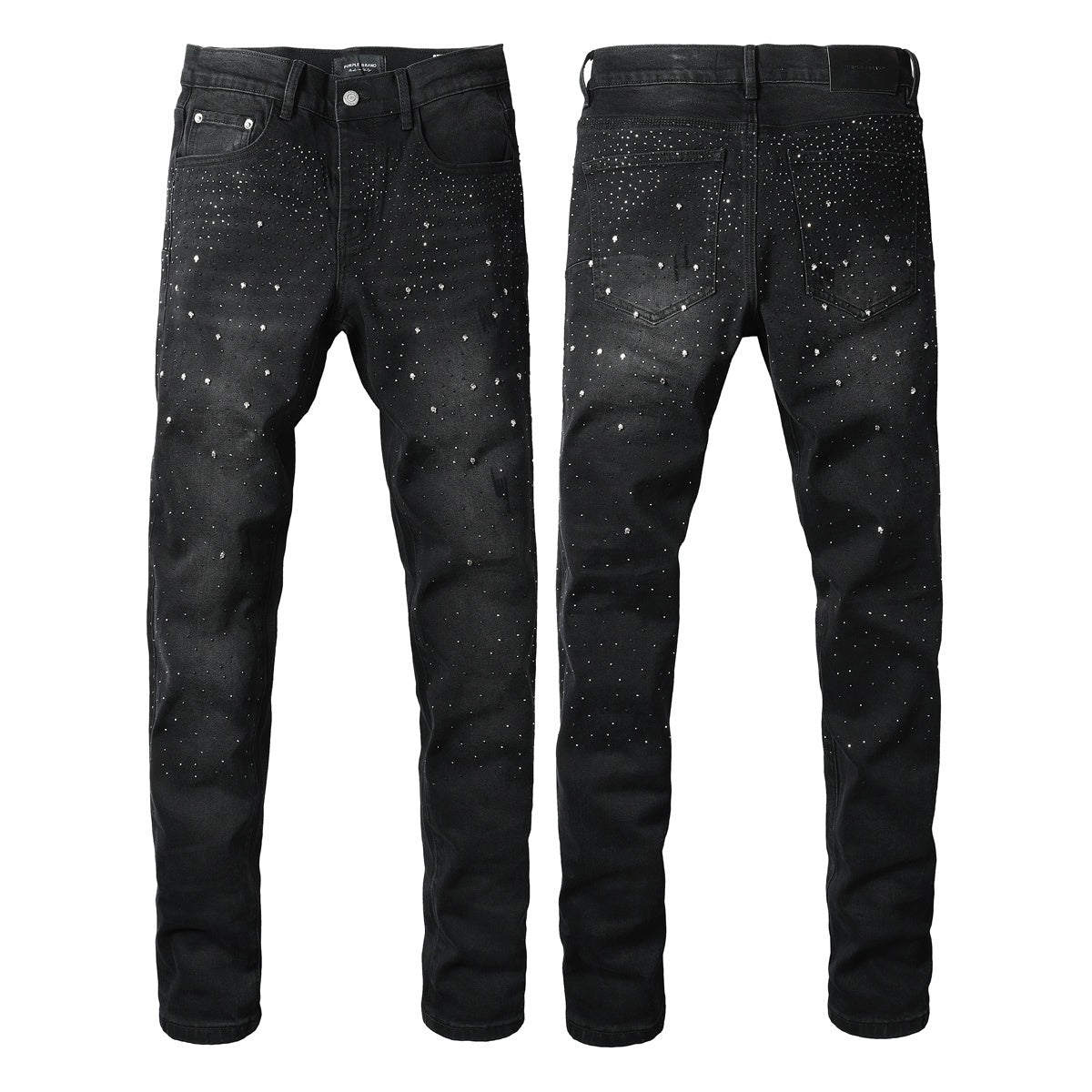 Men's Distressed Black Skinny Jeans with Ripped Holes, Rhinestones & Button Fly