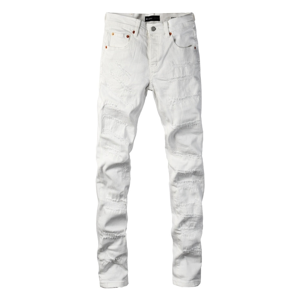 Men's Distressed White Beige Skinny Jeans with Ripped Holes & Button Fly