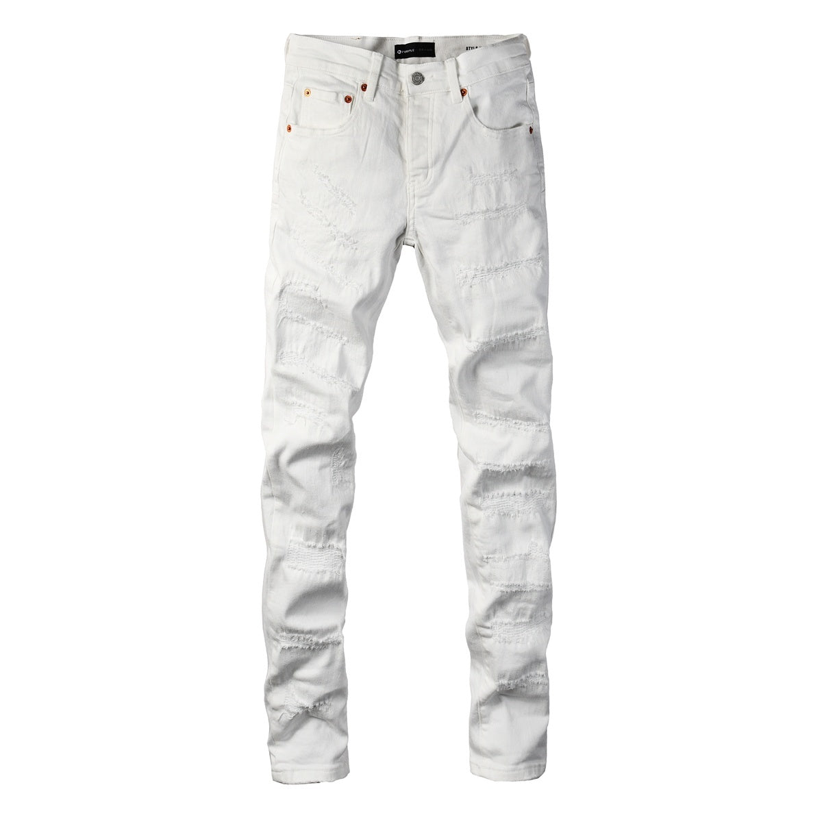 Men's Distressed White Beige Skinny Jeans with Ripped Holes & Button Fly