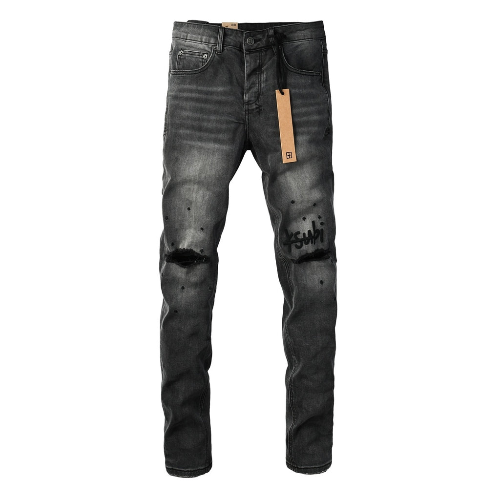 Men's Ksubi-Style Black Distressed Rhinestone Skinny Jeans