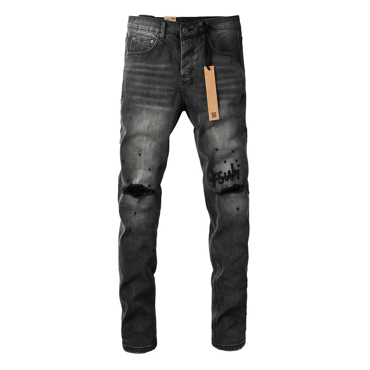 Men's Ksubi-Style Black Distressed Rhinestone Skinny Jeans