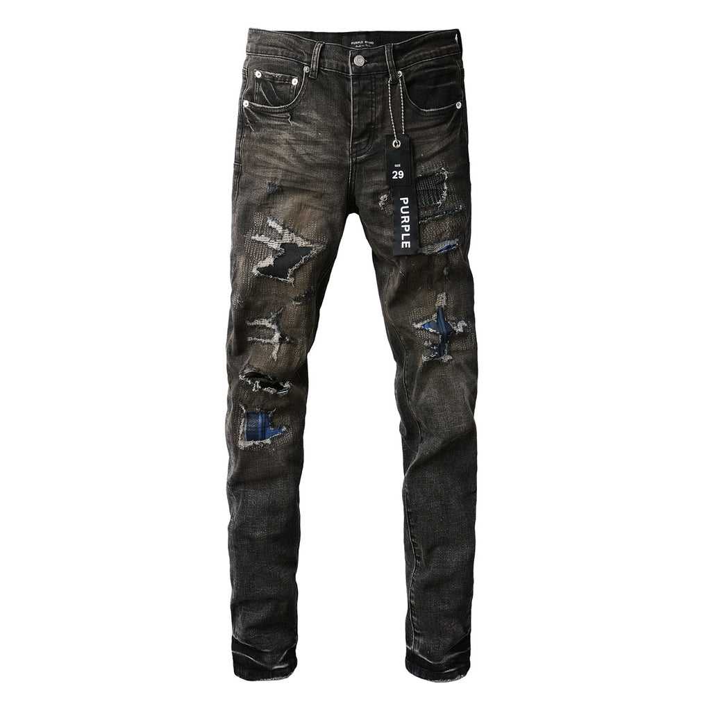 Men's Distressed Black Gray Patchwork Skinny Jeans with Ripped Holes & Button Fly