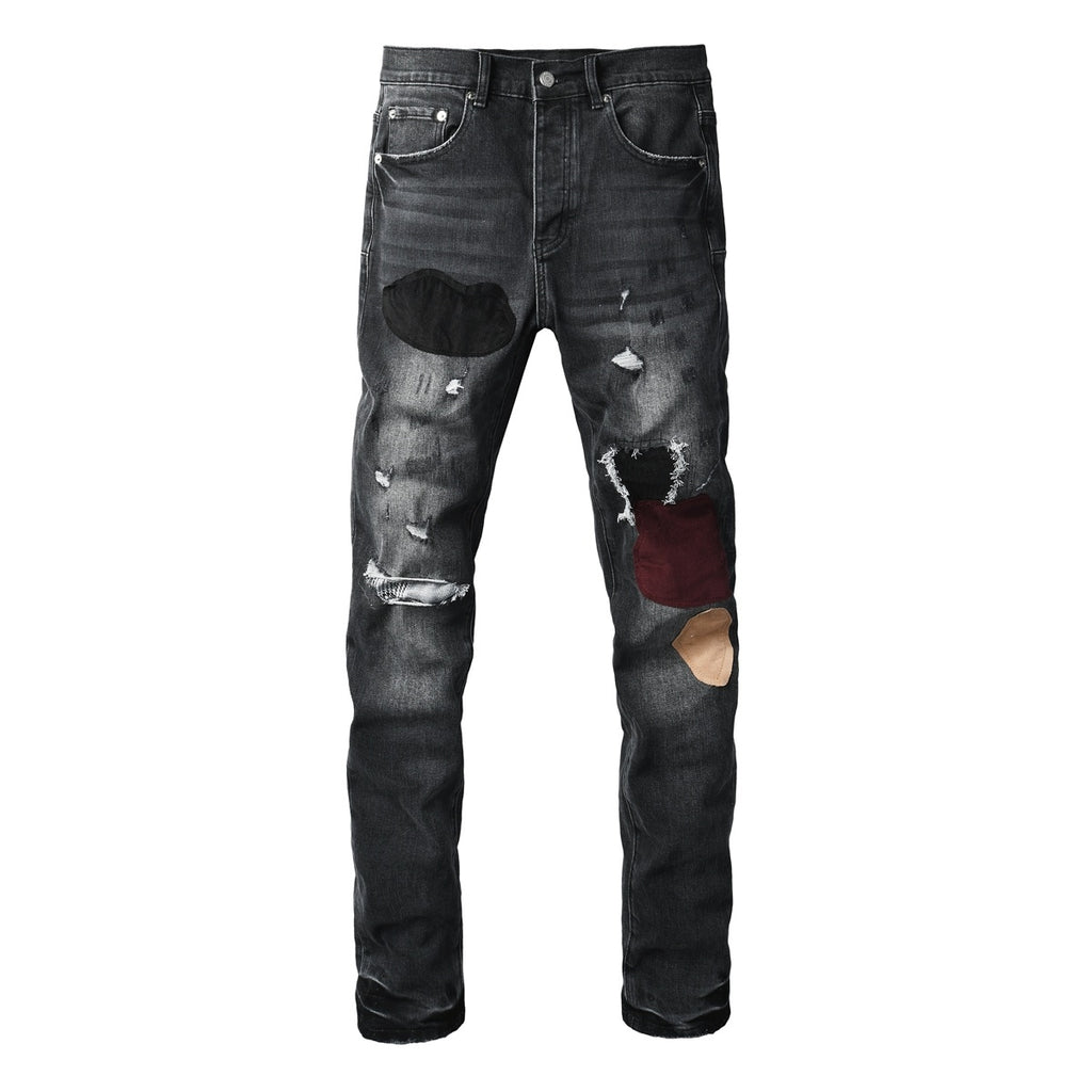 Men's Distressed Black Gray Skinny Jeans with Patchwork, Ripped Holes & Button Fly