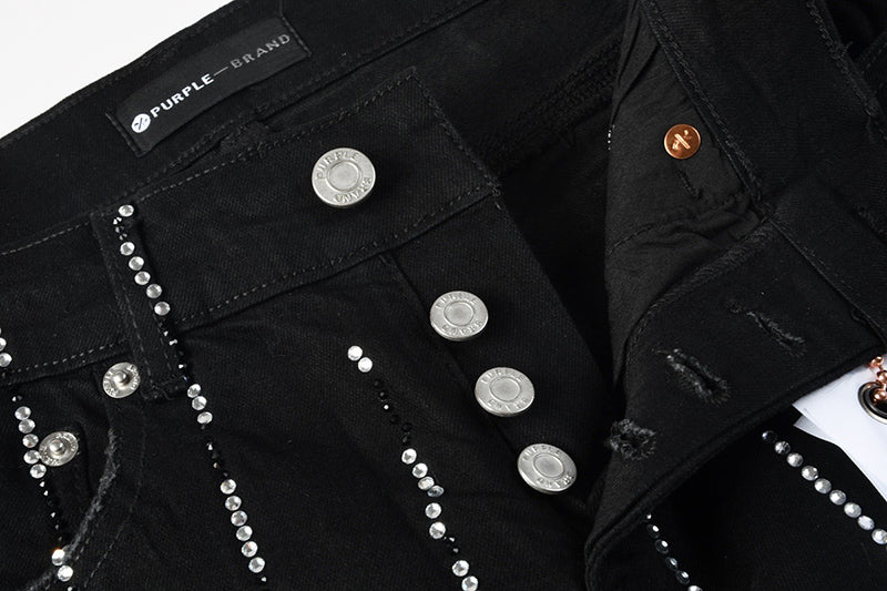 Men's Black Vertical Rhinestone Striped Skinny Jeans | Streetwear Slim Fit Denim Pants