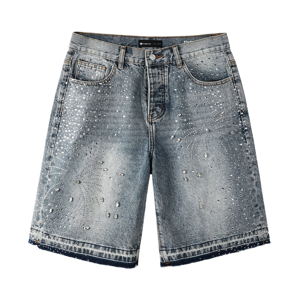 Men's Washed Distressed Blue Denim Shorts with Rhinestones, Ripped Details & Loose Fit