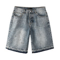Men's Washed Distressed Blue Denim Shorts with Rhinestones, Ripped Details & Loose Fit