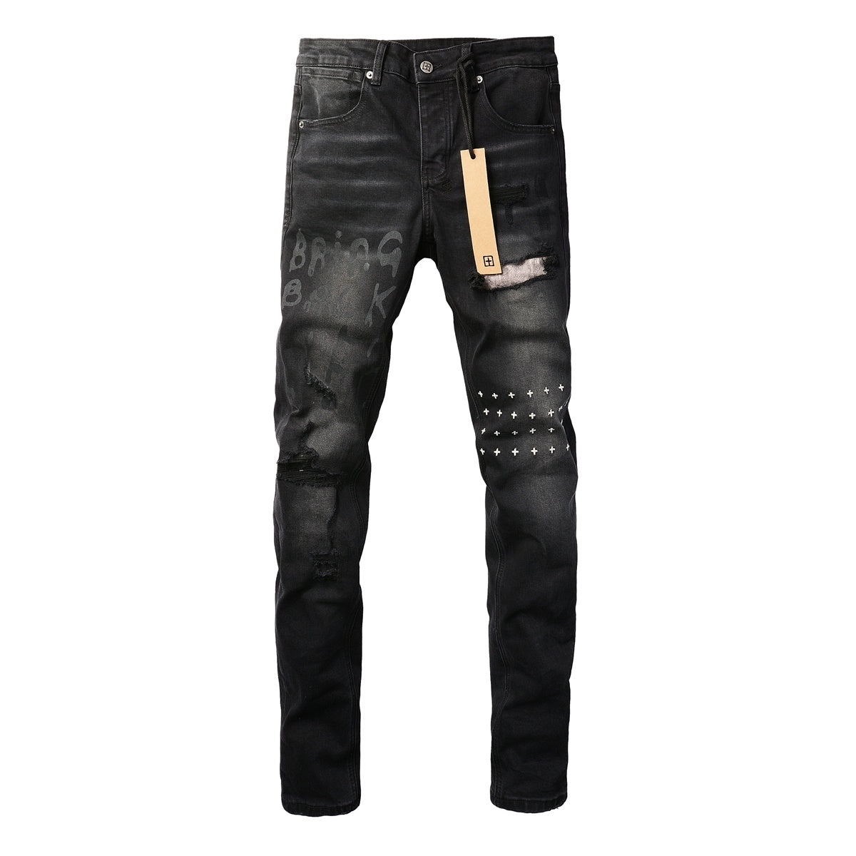 Men's Black Wash Cross-Studded Distressed Skinny Jeans - Stretch Denim