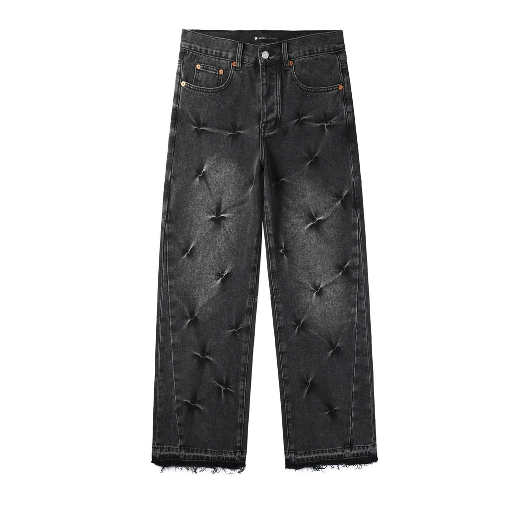 Men's Distressed Black Gray Loose Fit Jeans with Ripped Holes & Button Fly